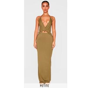 New PLT Petite Khaki Halterneck Twist Detail Maxi Dress UK SIZE XS (US 00/0)